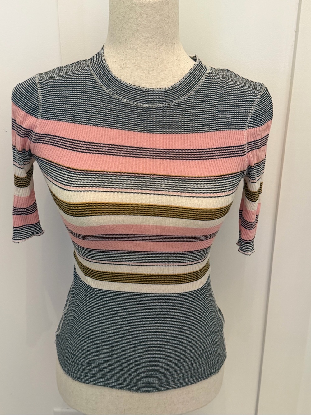 Free People XS Striped Rib Knit Short Sleeve Top - Pink, Blue, White,Gold